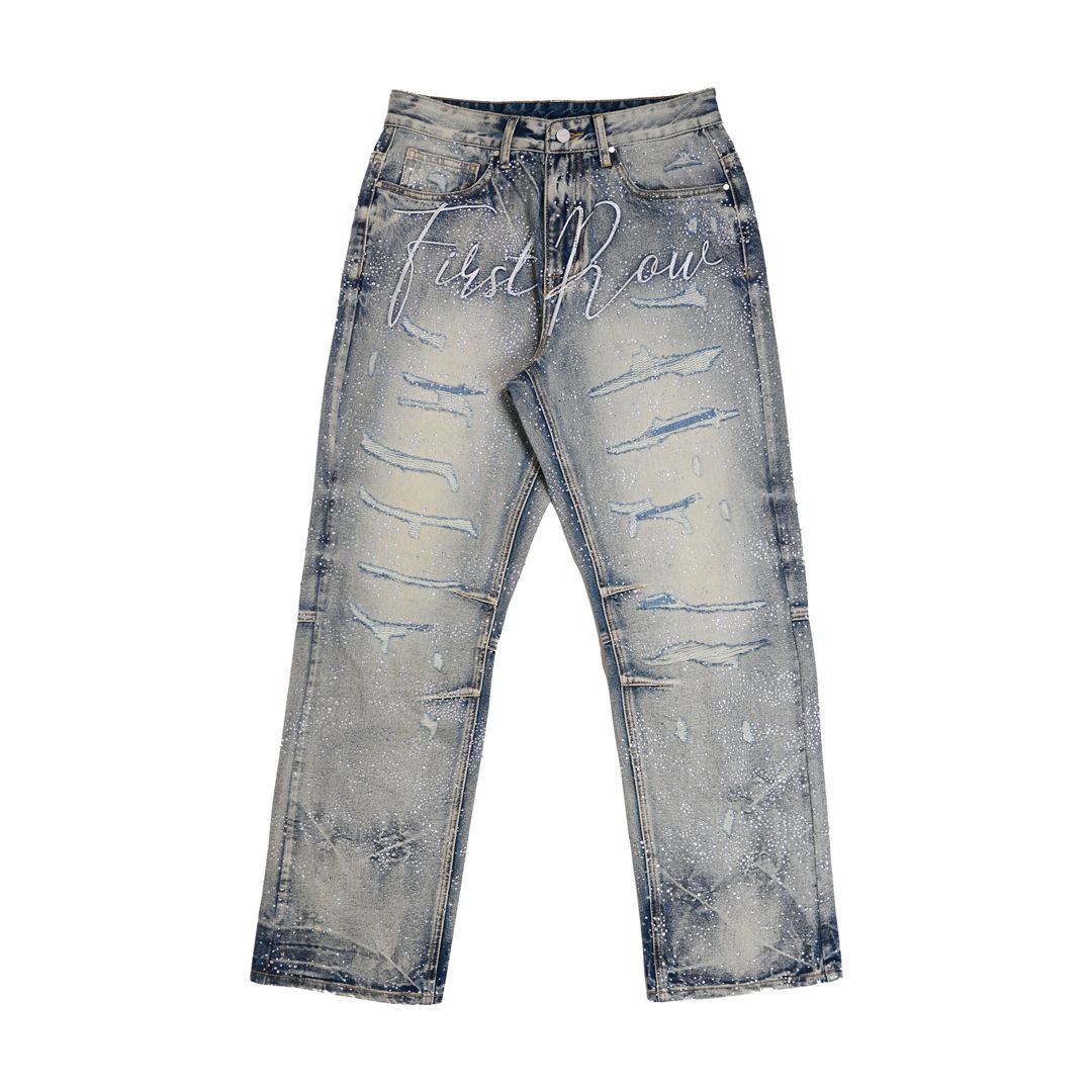 First Row Rhine Stone Denim Ripped Jeans