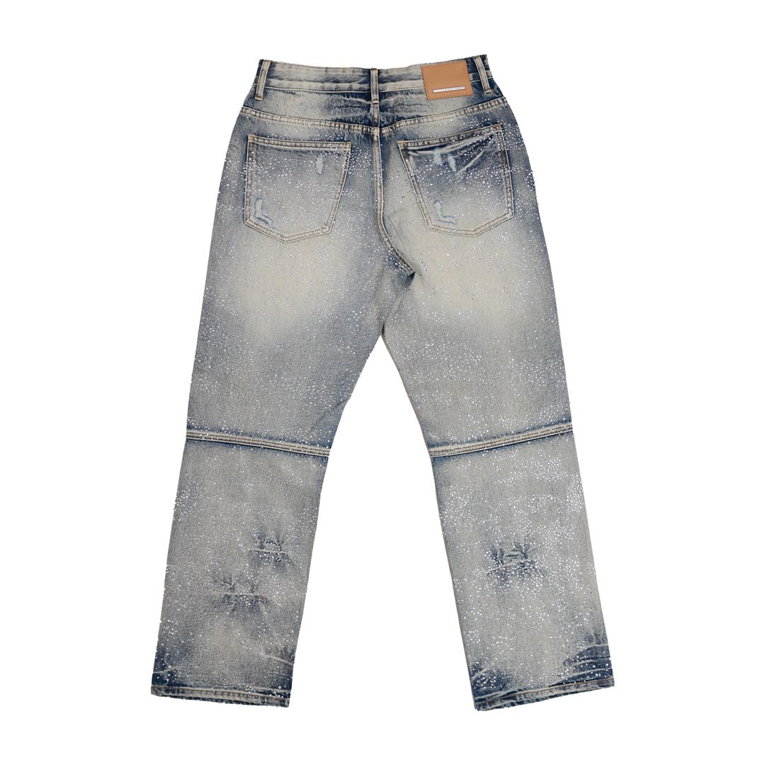 First Row Rhine Stone Denim Ripped Jeans