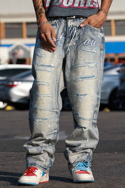 First Row Rhine Stone Denim Ripped Jeans