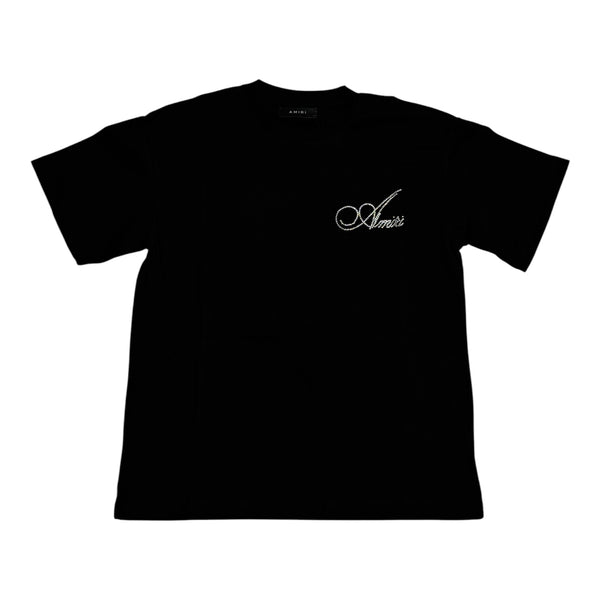 Amiri Cursive Rhinestone Logo Black Tee