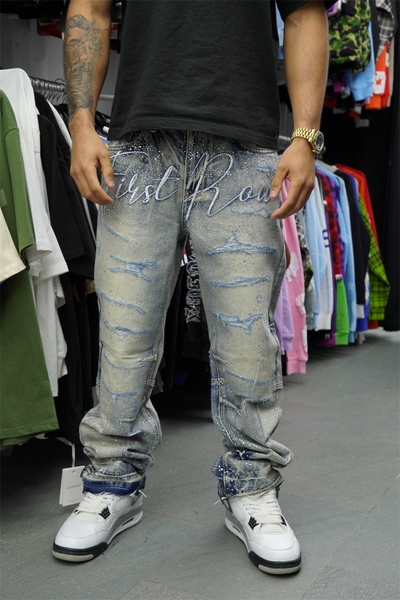 First Row Rhine Stone Denim Ripped Jeans