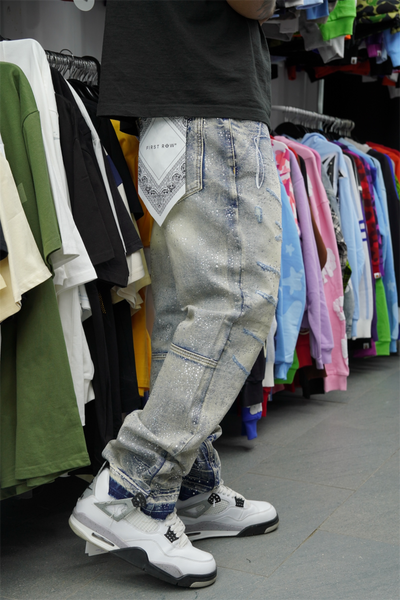 First Row Rhine Stone Denim Ripped Jeans