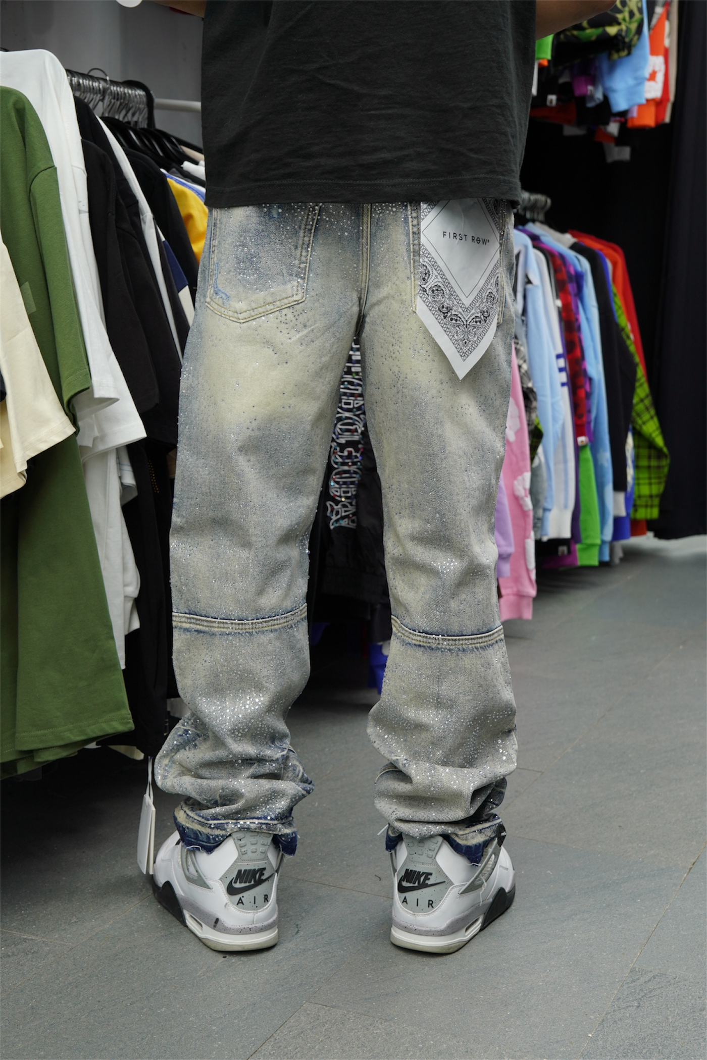 First Row Rhine Stone Denim Ripped Jeans