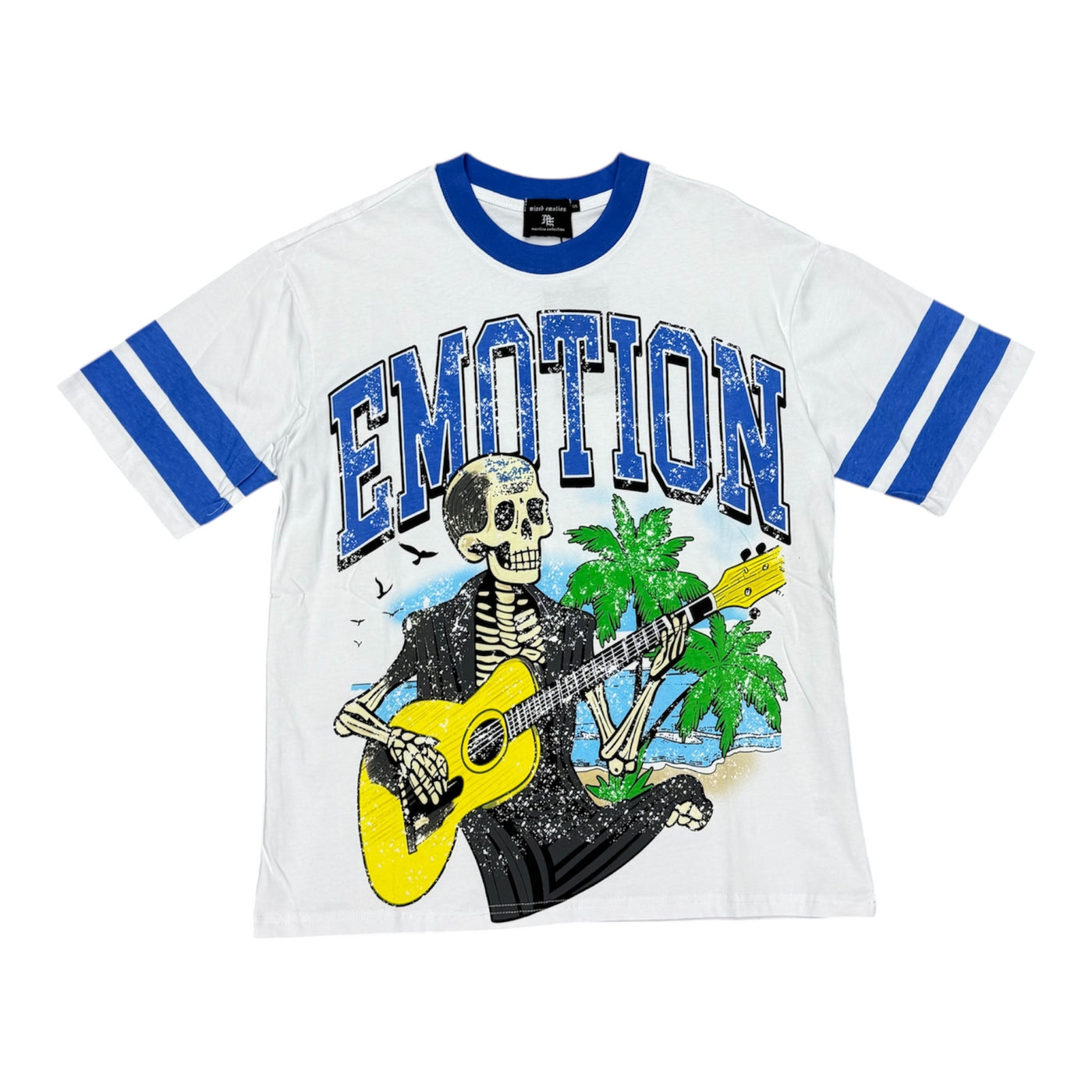 Mixed Emotions “Skull Guitarist” White/Blue Tee